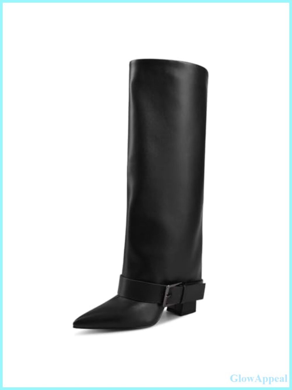 Women's Knee High Fold Over Chunky Heel Wide Calf Pointed Toe Boots with Belt
